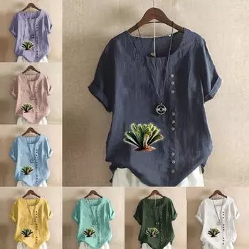 Женская модная футболка с круглым вырезом и коротким рукавом, повседневная рубашка из хлопка и льна с рисунком, свободная летняя блузка с принтом кактуса, топы S розовый