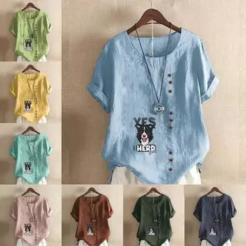 Женская модная футболка с круглым вырезом и короткими рукавами с принтом собаки, повседневная хлопково-льняная рубашка с рисунком, свободная летняя блузка для отдыха, топы S розовый