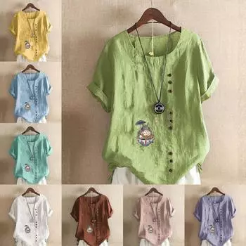 Женская модная футболка с круглым вырезом и короткими рукавами с принтом героев мультфильмов, повседневная хлопково-льняная рубашка с рисунком, свободная летняя блузка для отдыха, топы S розовый