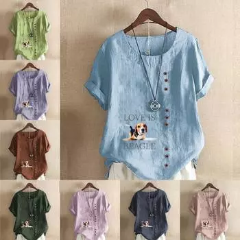 Женская модная футболка с круглым вырезом и короткими рукавами с принтом собаки, повседневная хлопково-льняная рубашка с рисунком, свободная летняя блузка для отдыха, топы S розовый