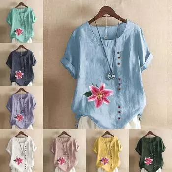 Женская модная футболка с круглым вырезом и коротким рукавом, повседневная хлопковая льняная рубашка с рисунком, свободная летняя блузка с цветочным принтом для отдыха, топы S розовый