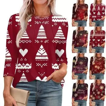 Женская модная футболка с круглым вырезом и рукавом 3/4 с рождественскими принтами, повседневная базовая плиссированная футболка-пуловер L