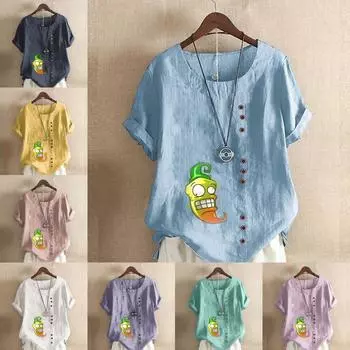 Женская модная футболка с круглым вырезом и коротким рукавом с принтом перца, повседневная рубашка из хлопка и льна с рисунком, свободная летняя блузка для отдыха, топы S розовый