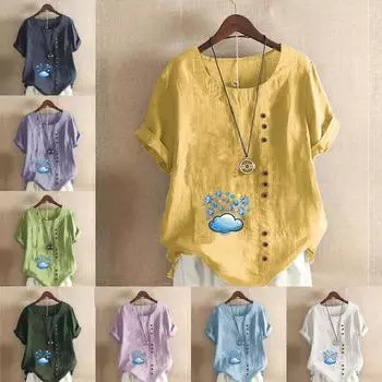 Женская модная футболка с круглым вырезом и коротким рукавом, повседневная рубашка из хлопка и льна с рисунком, свободная летняя блузка с принтом в виде облаков, топы S розовый