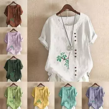 Женская модная футболка с круглым вырезом и коротким рукавом, повседневная рубашка из хлопка и льна с рисунком, свободная летняя блузка с принтом зеленых листьев, топы S розовый