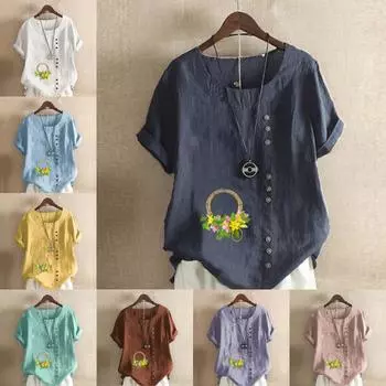 Женская модная футболка с круглым вырезом и коротким рукавом с принтом «Венок», повседневная рубашка из хлопка и льна с рисунком, свободная летняя блузка для отдыха, топы S розовый