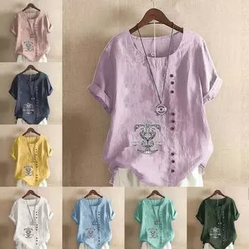 Женская модная футболка с круглым вырезом и коротким рукавом, повседневная рубашка из хлопка и льна с рисунком, свободная летняя блузка с принтом, топы S розовый