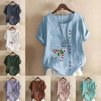 Женская модная футболка с круглым вырезом и коротким рукавом, повседневная рубашка из хлопка и льна с рисунком, свободная летняя блузка с принтом китайского боярышника, топы S розовый