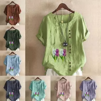 Женская модная футболка с круглым вырезом и коротким рукавом, повседневная рубашка из хлопка и льна с принтом, летняя блузка с принтом лавандового цвета, топы больших размеров S розовый