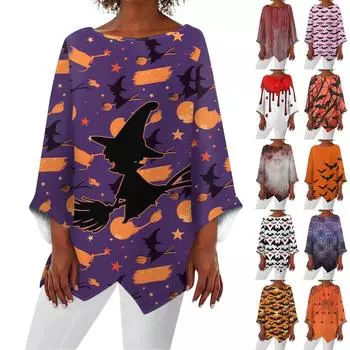 Женская модная футболка с круглым вырезом и нерегулярным подолом с рукавом девять четвертей на Хэллоуин XXXXXL фиолетовый