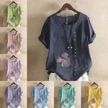 Женская модная футболка с круглым вырезом и коротким рукавом, повседневная рубашка из хлопка и льна с рисунком, свободная летняя блузка с принтом белки, топы S розовый