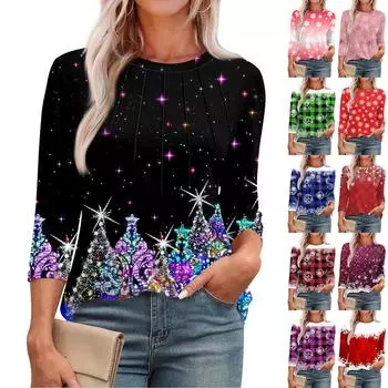 Женская модная футболка с круглым вырезом и рукавом 3/4 с принтом, повседневная, базовая, плиссированная, пуловер L красный