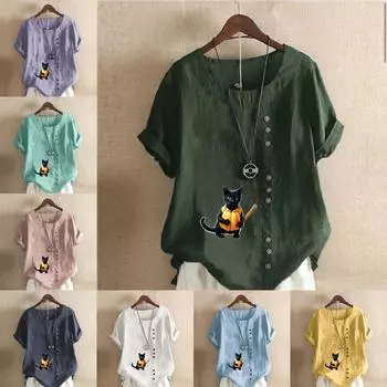 Женская модная футболка с круглым вырезом и коротким рукавом, повседневная хлопково-льняная рубашка с рисунком, свободная летняя блузка с принтом кота для отдыха, топы S розовый