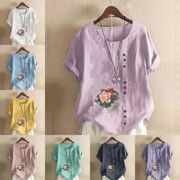 Женская модная футболка с круглым вырезом и коротким рукавом, повседневная хлопковая льняная рубашка с графическим принтом, свободная летняя блузка с цветочным принтом, топы S розовый