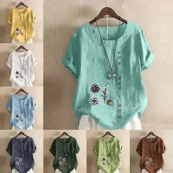 Женская модная футболка с круглым вырезом и коротким рукавом, повседневная рубашка из хлопка и льна с рисунком, свободная летняя блузка с принтом в виде шишки S розовый