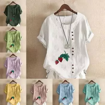 Женская модная футболка с круглым вырезом и коротким рукавом, повседневная рубашка из хлопка и льна с рисунком, свободная летняя блузка с принтом клубники, топы S розовый