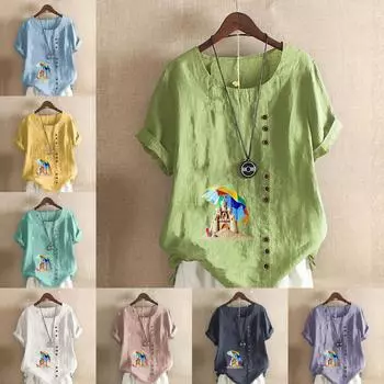 Женская модная футболка с круглым вырезом и коротким рукавом, повседневная рубашка из хлопка и льна с рисунком, для отдыха, свободная пляжная летняя блузка с принтом в виде замка, топы S розовый