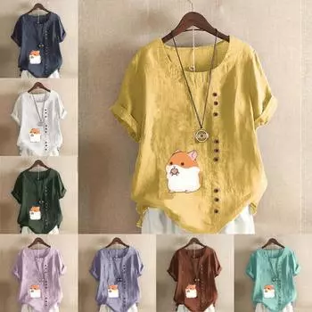 Женская модная футболка с круглым вырезом и коротким рукавом, повседневная рубашка из хлопка и льна с рисунком, свободная летняя блузка с принтом Hamster Life, топы S розовый