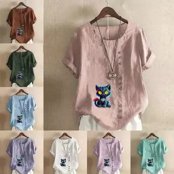 Женская модная футболка с круглым вырезом и короткими рукавами с принтом кота, повседневная хлопково-льняная рубашка с рисунком, свободная летняя блузка для отдыха, топы S розовый