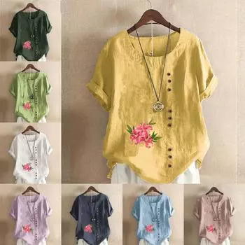 Женская модная футболка с круглым вырезом и коротким рукавом, повседневная хлопковая льняная графическая рубашка с цветочным принтом, летняя блузка, топы больших размеров S розовый