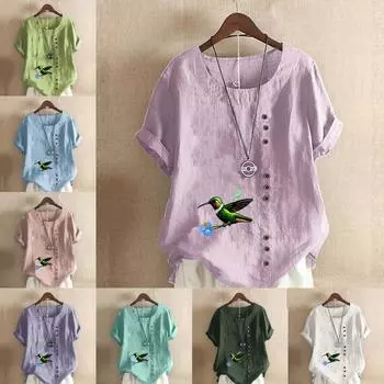 Женская модная футболка с круглым вырезом и коротким рукавом, повседневная хлопковая льняная рубашка с графическим принтом, летняя блузка с принтом птиц, топы S розовый