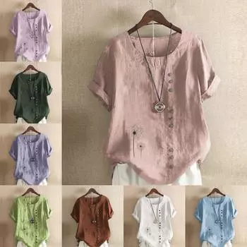 Женская модная футболка с круглым вырезом и короткими рукавами с принтом одуванчика, повседневная хлопково-льняная рубашка с рисунком, свободная летняя блузка для отдыха, топы S розовый