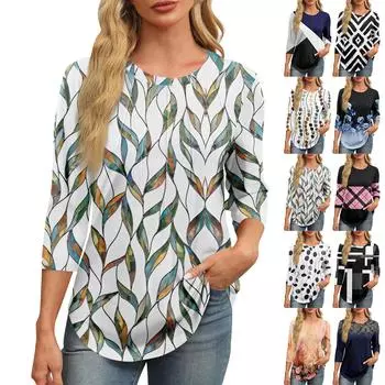 Женская модная футболка с круглым вырезом и рукавом 3/4 с принтом, повседневная, базовая, плиссированная, пуловер L чёрный