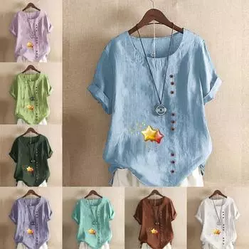 Женская модная футболка с круглым вырезом и коротким рукавом с принтом в виде воздушного шара, повседневная рубашка из хлопка и льна с графическим принтом, свободная летняя блузка для отдыха, топы S розовый