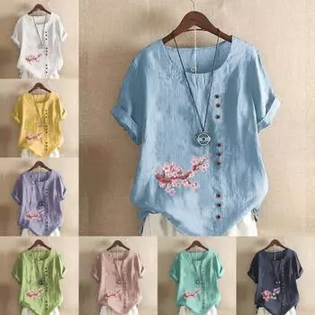 Женская модная футболка с круглым вырезом и коротким рукавом, повседневная рубашка из хлопка и льна с принтом, свободная летняя блузка с принтом в виде цветущей вишни, топы S розовый