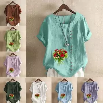 Женская модная футболка с круглым вырезом и коротким рукавом, повседневная рубашка из хлопка и льна с рисунком, свободная летняя блузка с принтом в виде букета цветов S розовый