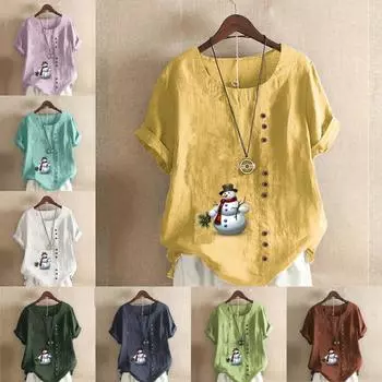 Женская модная футболка с круглым вырезом и коротким рукавом, повседневная рубашка из хлопка и льна с рисунком, свободная летняя блузка с принтом «Снеговик», топы S розовый