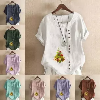 Женская модная футболка с круглым вырезом и коротким рукавом, повседневная рубашка из хлопка и льна с рисунком, свободная летняя блузка с принтом в виде букета цветов S розовый