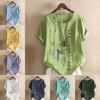 Женская модная футболка с круглым вырезом и короткими рукавами с принтом стрекозы, повседневная хлопково-льняная рубашка с рисунком, свободная летняя блузка для отдыха, топы S розовый