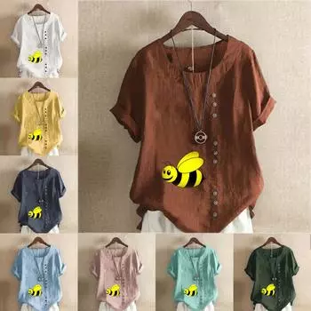 Женская модная футболка с круглым вырезом и коротким рукавом с принтом пчелы, повседневная рубашка из хлопка и льна с рисунком, свободная летняя блузка для отдыха, топы S розовый