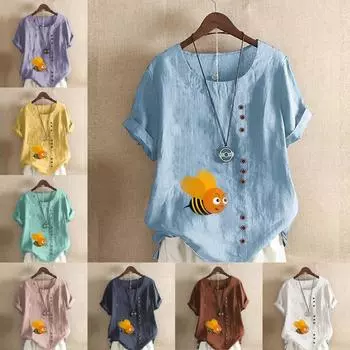Женская модная футболка с круглым вырезом и коротким рукавом, повседневная рубашка из хлопка и льна с принтом, свободная летняя блузка с принтом медоносной пчелы, топы S розовый