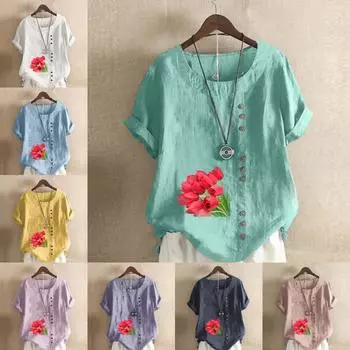 Женская модная футболка с круглым вырезом и короткими рукавами с принтом тюльпанов, повседневная хлопково-льняная рубашка с рисунком, свободная летняя блузка для отдыха, топы S розовый