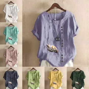 Женская модная футболка с круглым вырезом и коротким рукавом, повседневная хлопковая льняная рубашка с рисунком, свободная летняя блузка с принтом ракушек для отдыха, топы S розовый