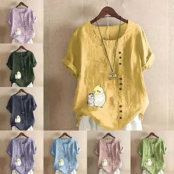 Женская модная футболка с круглым вырезом и короткими рукавами с принтом кота и попугая, повседневная хлопково-льняная рубашка с рисунком, свободная летняя блузка для отдыха, топы больших размеров S розовый