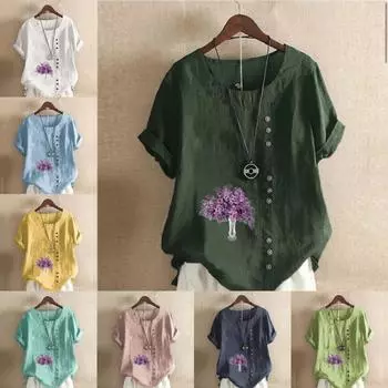 Женская модная футболка с круглым вырезом и коротким рукавом, повседневная хлопково-льняная рубашка с рисунком, свободная летняя блузка с лавандовым принтом для отдыха, топы S розовый