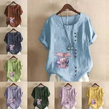 Женская модная футболка с круглым вырезом и коротким рукавом, повседневная хлопково-льняная рубашка с рисунком, свободная летняя блузка с рисунком для отдыха, топы S розовый