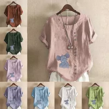 Женская модная футболка с круглым вырезом и короткими рукавами с принтом слонов, повседневная хлопково-льняная рубашка с рисунком, свободная летняя блузка для отдыха, топы S розовый