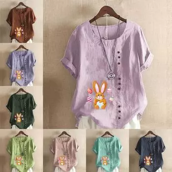 Женская модная футболка с круглым вырезом и коротким рукавом с принтом кролика, повседневная хлопково-льняная рубашка с рисунком, свободная летняя блузка для отдыха, топы S розовый
