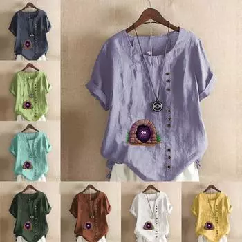 Женская модная футболка с круглым вырезом и коротким рукавом, повседневная хлопковая льняная рубашка с рисунком, свободная летняя блузка для отдыха, топы S розовый