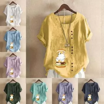 Женская модная футболка с круглым вырезом и коротким рукавом, повседневная хлопковая льняная рубашка с рисунком, свободная летняя блузка с принтом кота для отдыха, летняя блузка S розовый