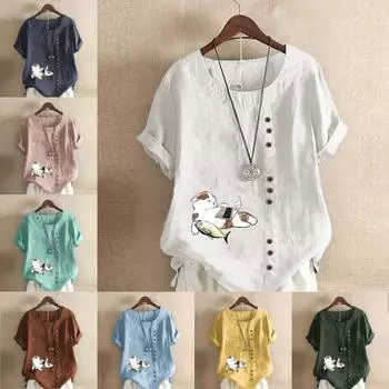 Женская модная футболка с круглым вырезом и короткими рукавами с принтом кошек и рыб, повседневная хлопково-льняная рубашка с рисунком, свободная летняя блузка для отдыха, топы S розовый