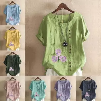 Женская модная футболка с круглым вырезом и коротким рукавом, повседневная хлопковая льняная рубашка с рисунком, свободная летняя блузка с принтом Morning Glory для отдыха, топы S розовый