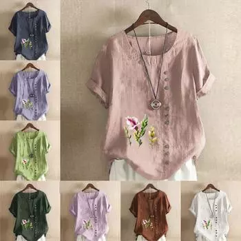 Женская модная футболка с круглым вырезом и коротким рукавом, повседневная хлопковая льняная рубашка с графическим принтом, свободная летняя блузка с цветочным принтом, топы S розовый