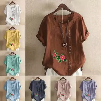 Женская модная футболка с круглым вырезом и коротким рукавом, повседневная хлопковая льняная рубашка с графическим принтом, свободная летняя блузка с цветочным принтом, топы S розовый