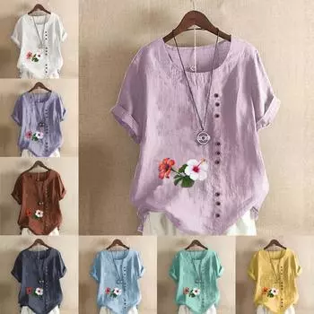 Женская модная футболка с круглым вырезом и коротким рукавом, повседневная хлопковая льняная рубашка с рисунком, свободная летняя блузка с цветочным принтом для отдыха, топы S розовый
