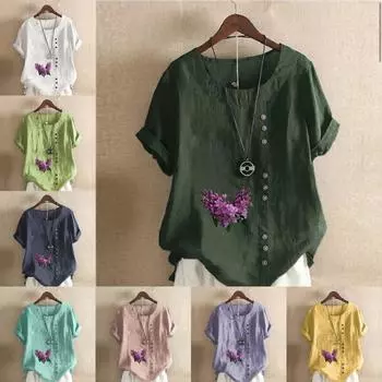 Женская модная футболка с круглым вырезом и коротким рукавом, повседневная хлопково-льняная рубашка с рисунком, свободная летняя блузка с лавандовым принтом для отдыха, топы S розовый